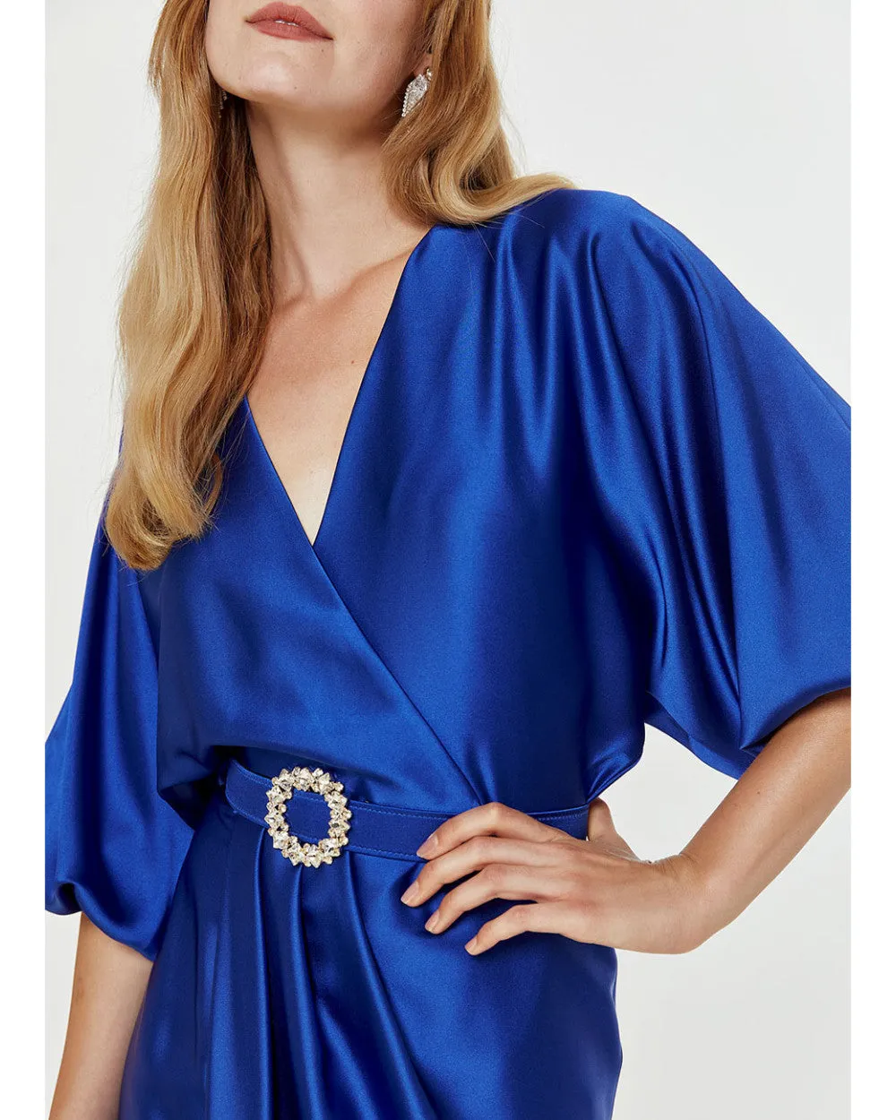 Access Royal Blue Satin Wrap Draped Dress