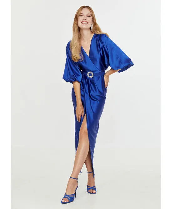 Access Royal Blue Satin Wrap Draped Dress