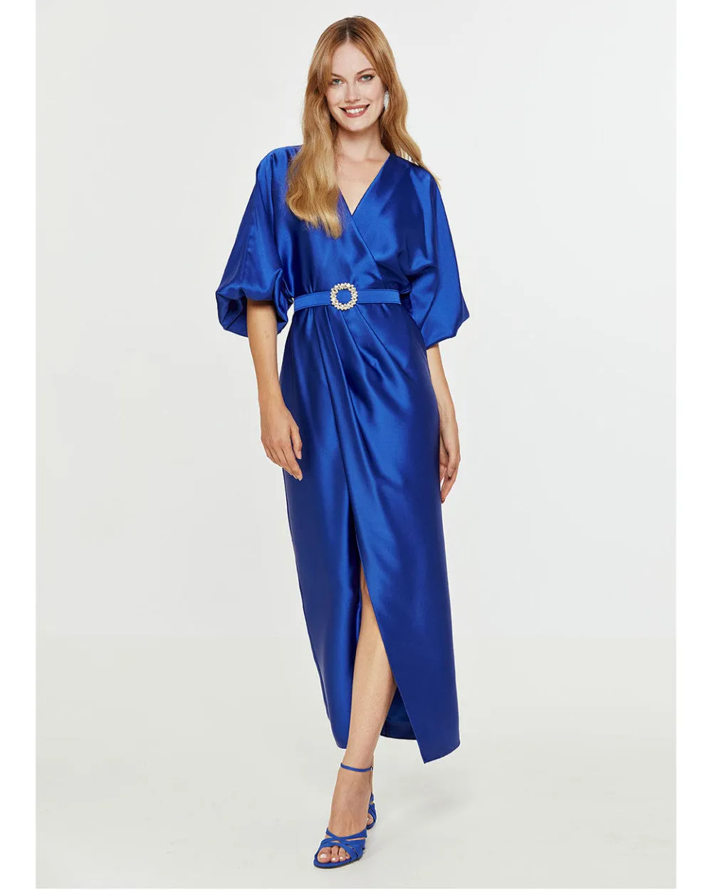 Access Royal Blue Satin Wrap Draped Dress