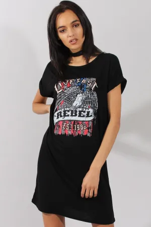 Black Rebel Slogan Print T-Shirt Dress - Juan