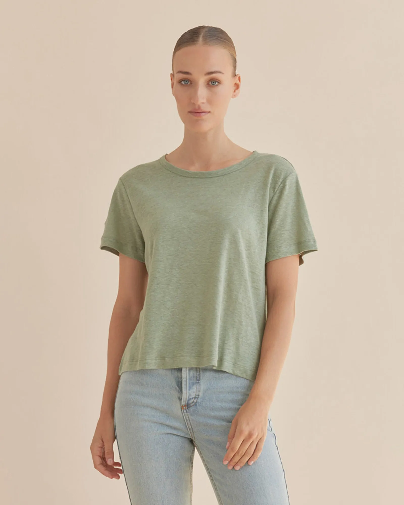 Coogee Linen Crew Neck Tee - Green Tea