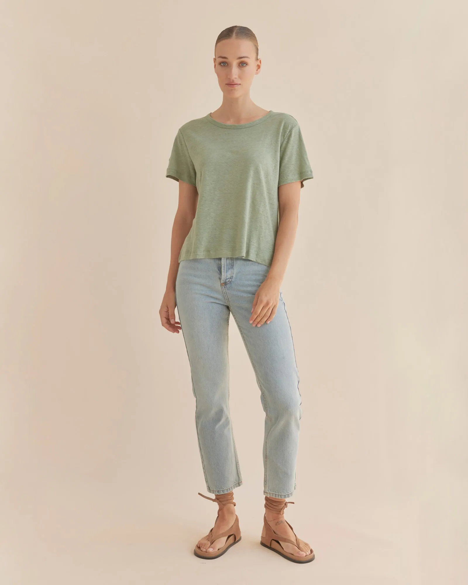 Coogee Linen Crew Neck Tee - Green Tea