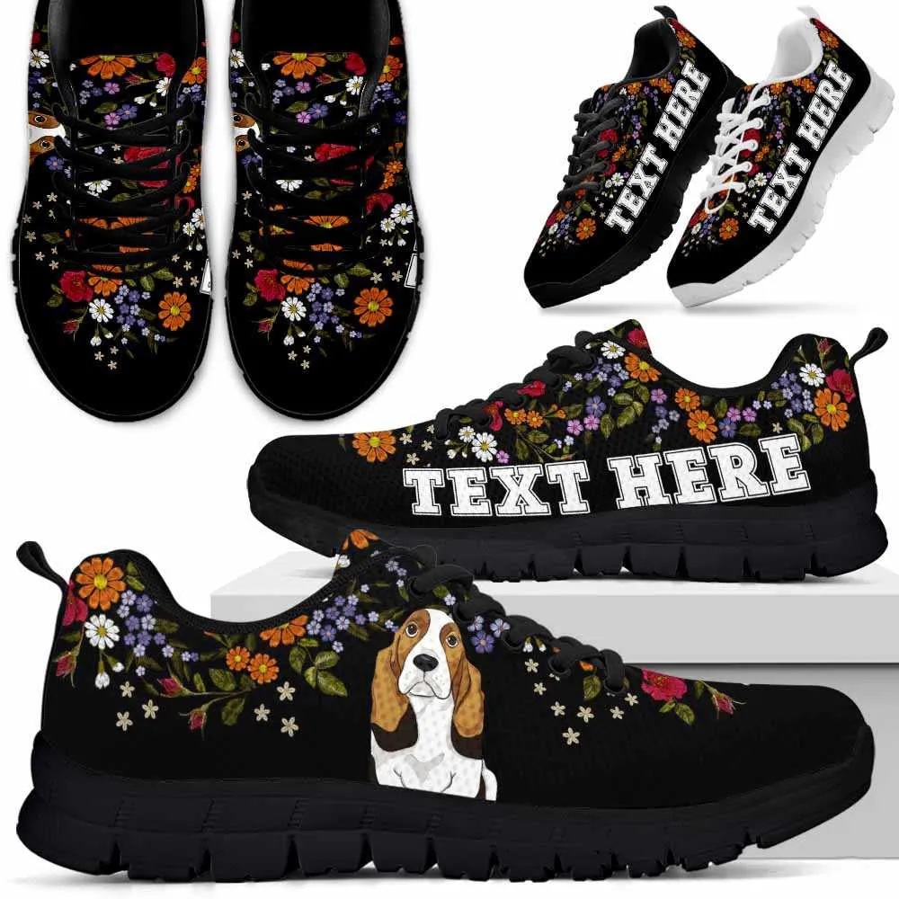 Custom Name Basset Sneaker, Basset Hound Flower Floral Colorful Dog Lovers Sneakers Gym Running Shoes, Best Running Shoes