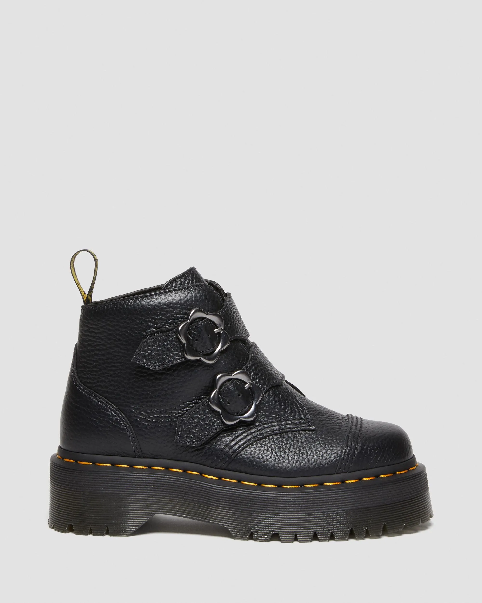 Devon Dr. Leather platform boots with floral buckle. Martens