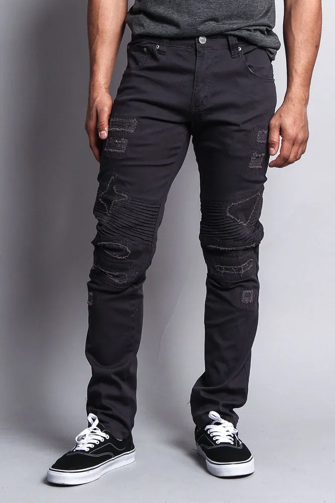 Distressed Biker Twill Skinny Pants