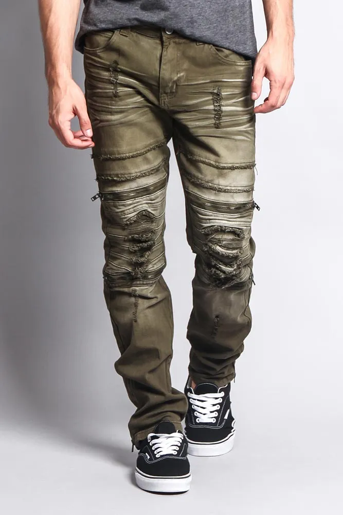 Faded Zipper Cut Distressed Knee Biker Denim Jeans