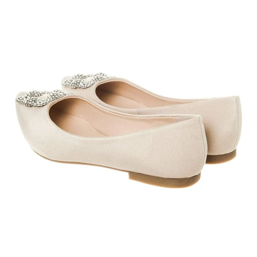 Flat Pointed Toe Satin Shoe With Diamante Broach