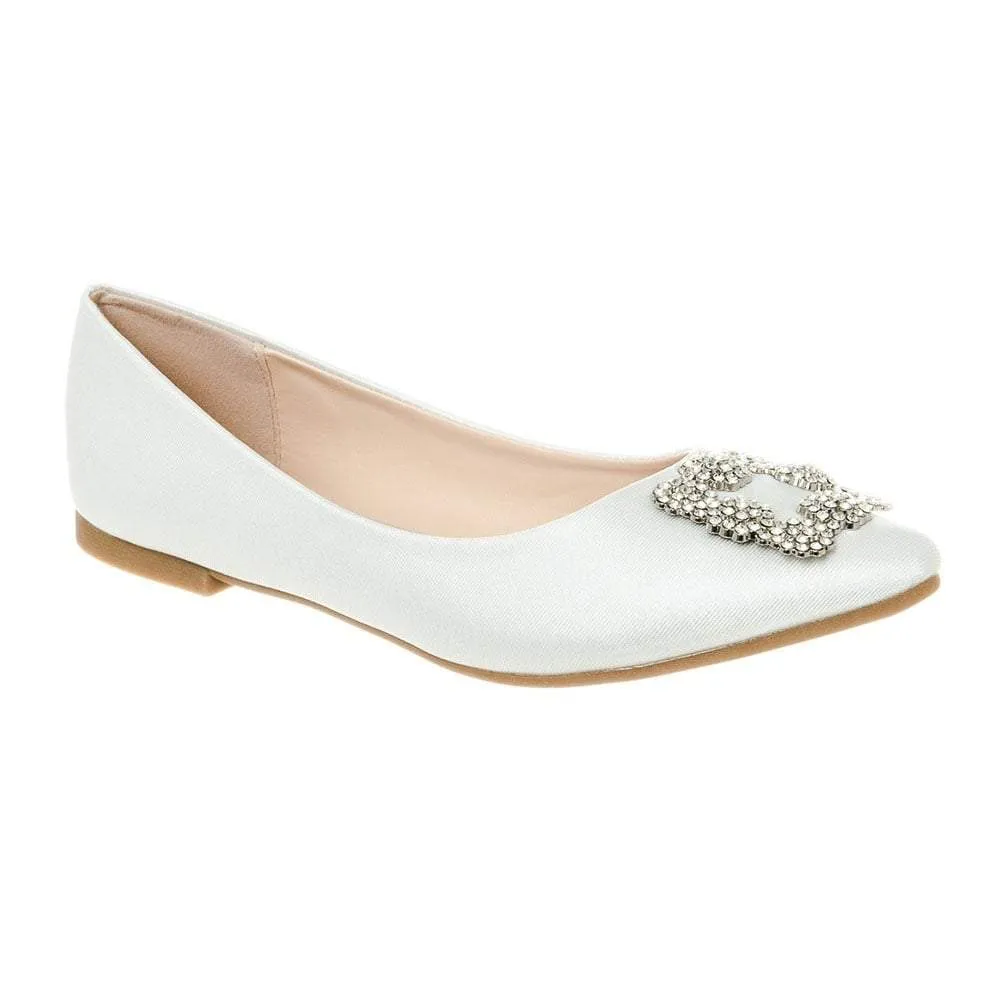 Flat Pointed Toe Satin Shoe With Diamante Broach