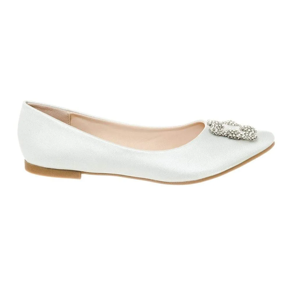 Flat Pointed Toe Satin Shoe With Diamante Broach