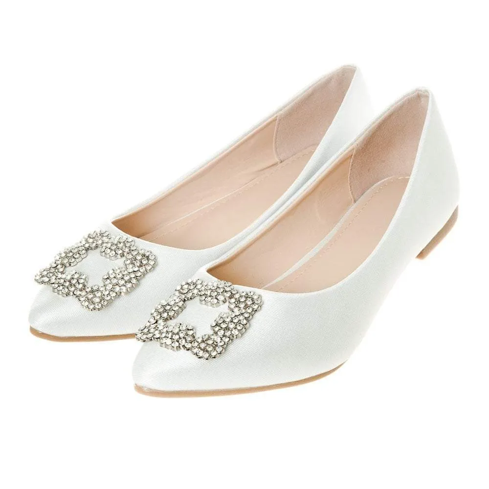 Flat Pointed Toe Satin Shoe With Diamante Broach