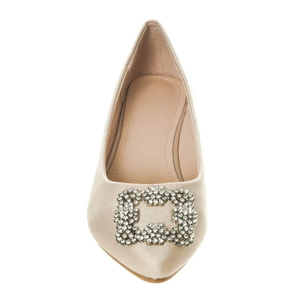 Flat Pointed Toe Satin Shoe With Diamante Broach