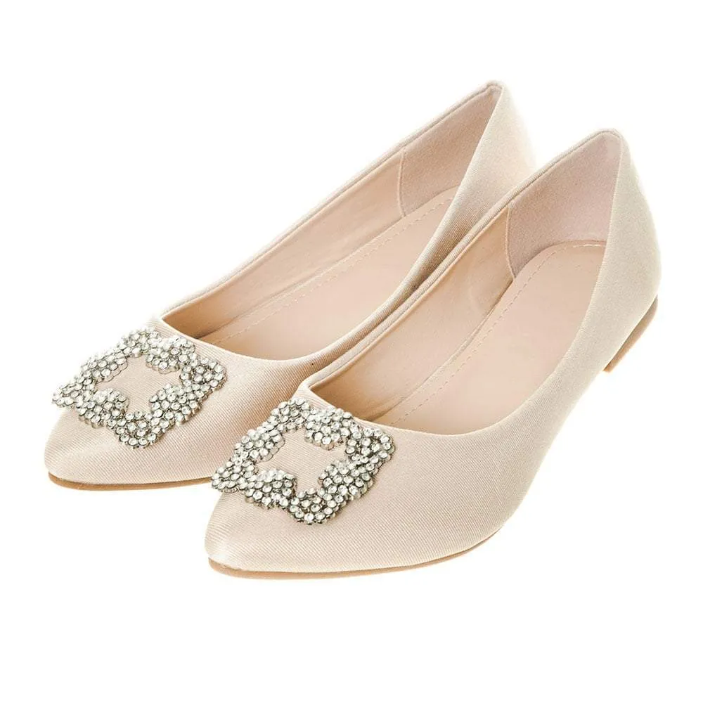 Flat Pointed Toe Satin Shoe With Diamante Broach