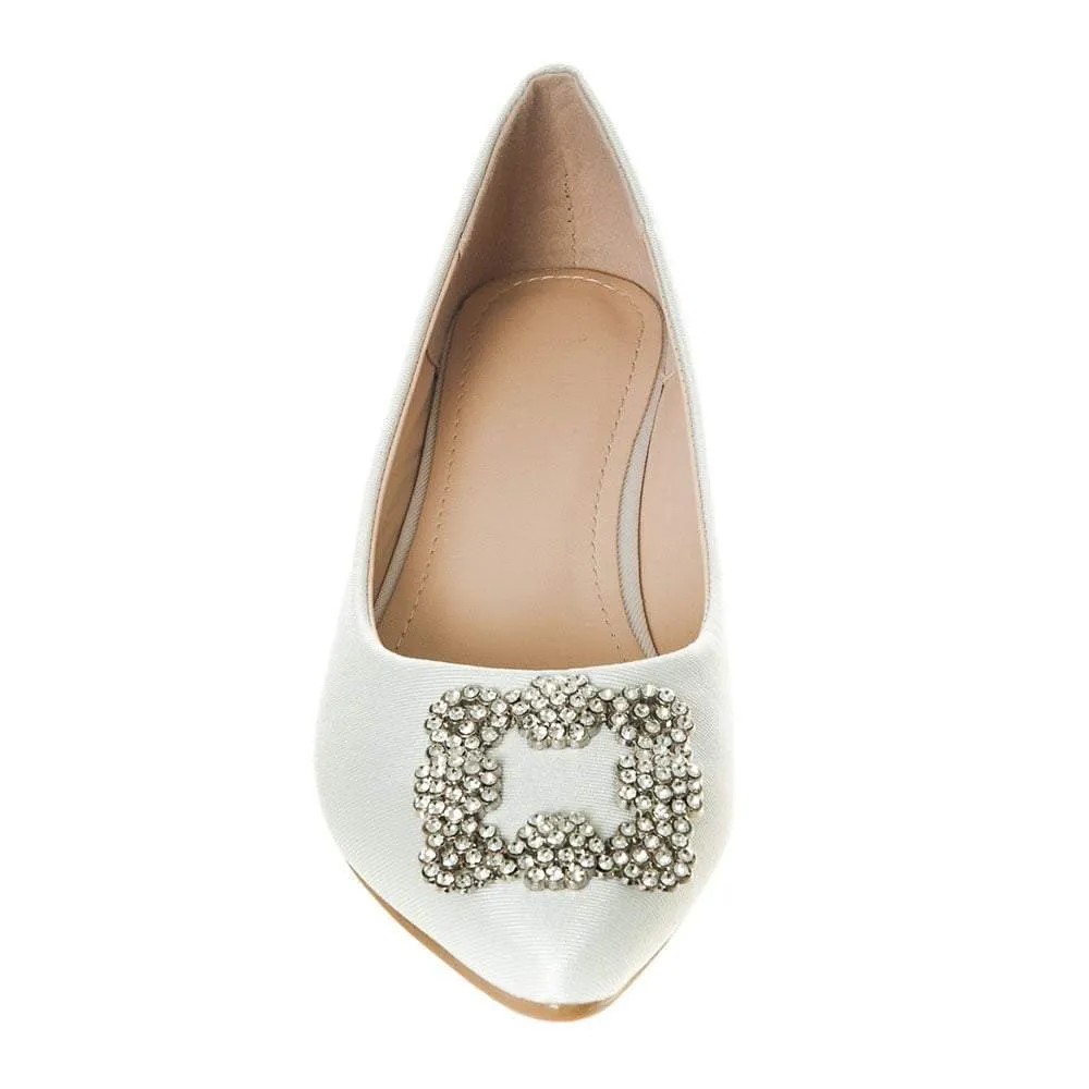 Flat Pointed Toe Satin Shoe With Diamante Broach