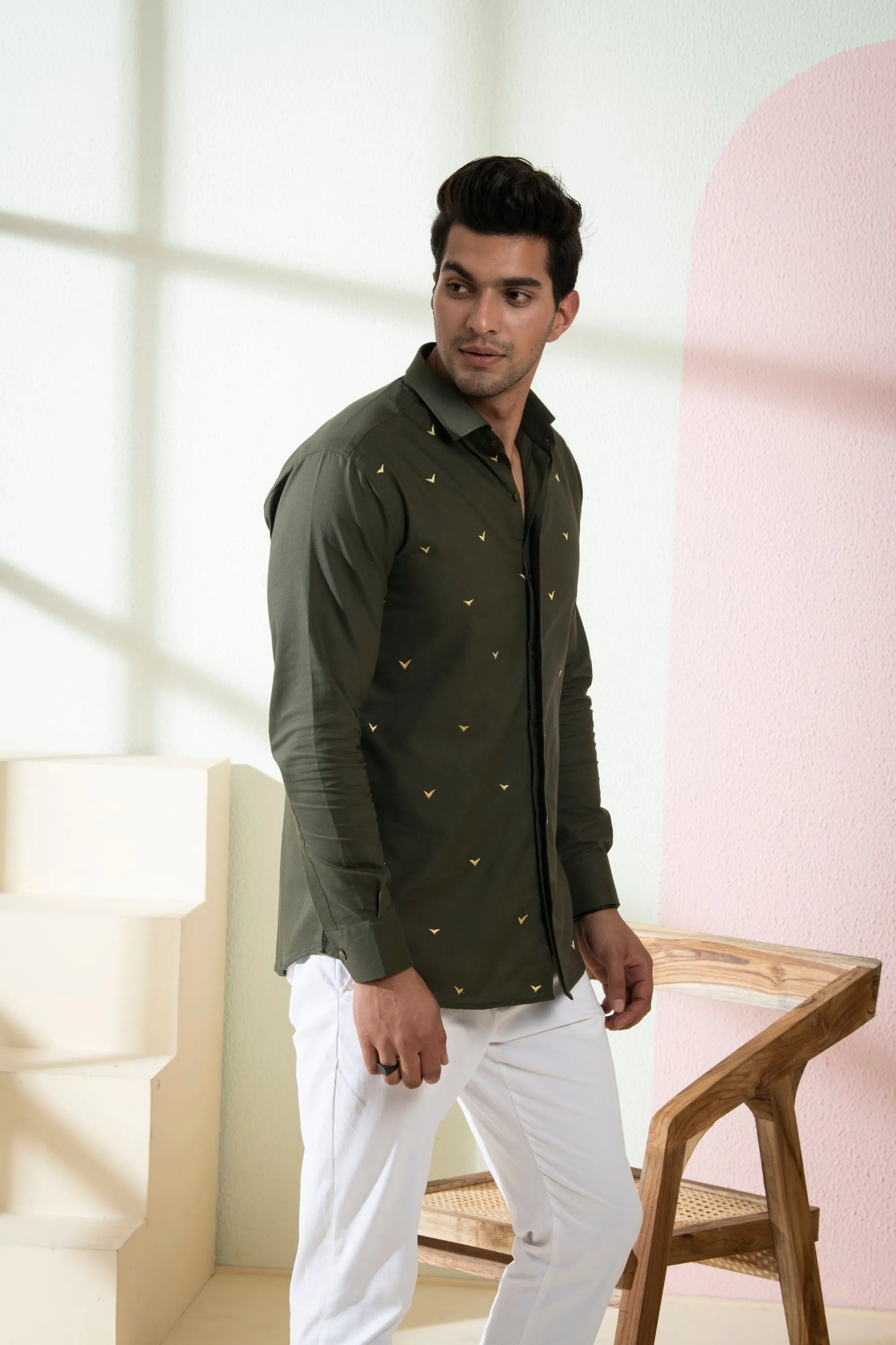 Men's Olive Green Color Avian Full Sleeves Shirt - Hilo Design