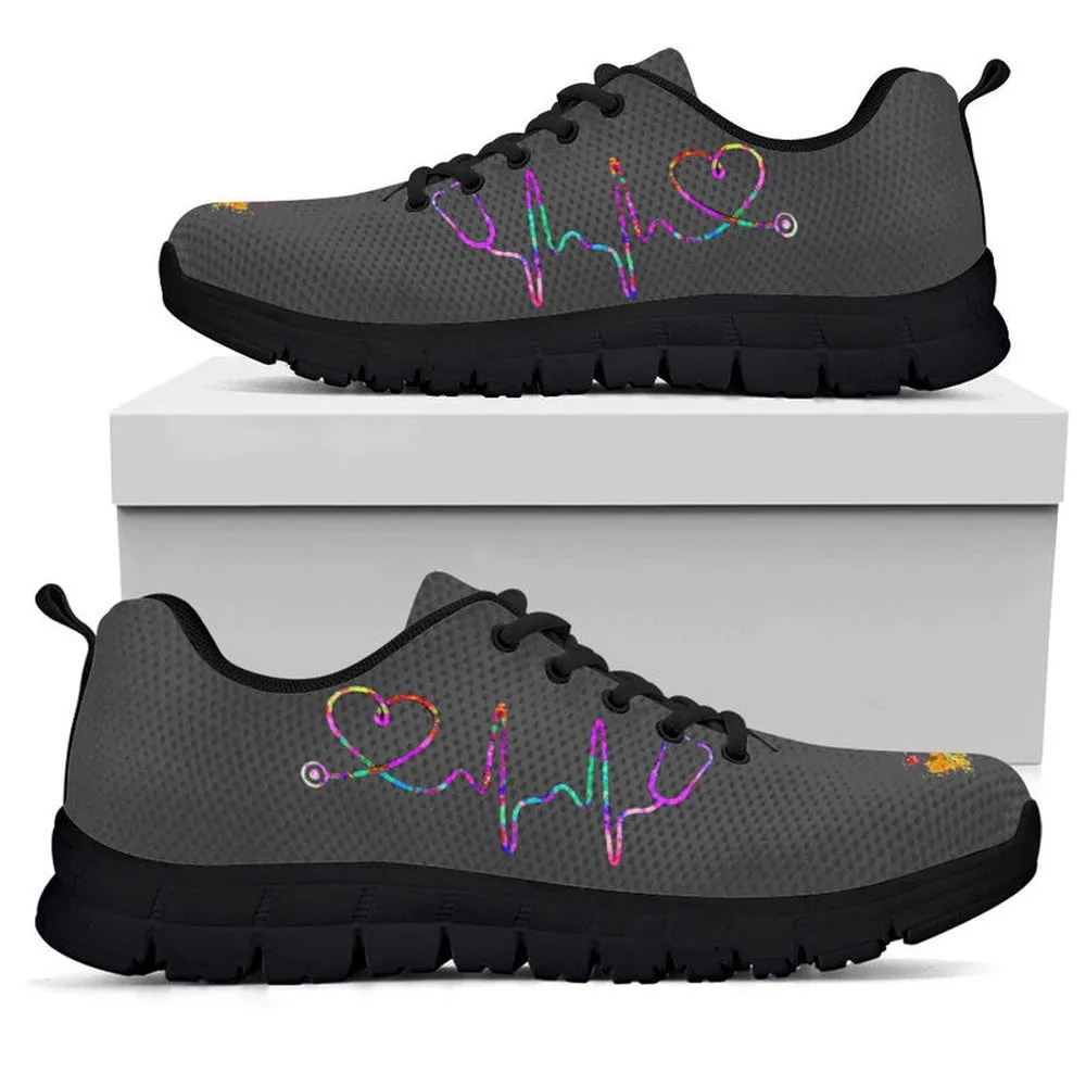 Nurse Sneaker, Nurse-Art Heartbeat Grey Sneakers Shoes, Best Shoes For Nurses