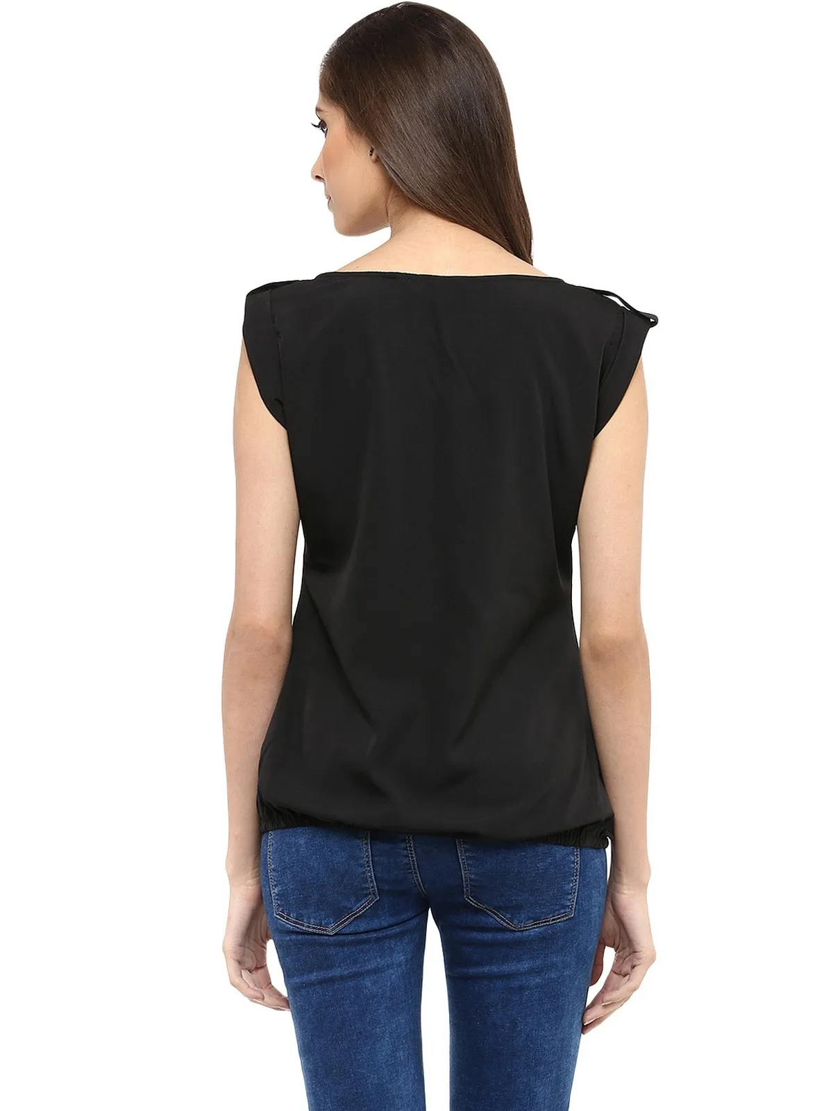 Pannkh Women's Black Top With Fake Shoulder-Tab