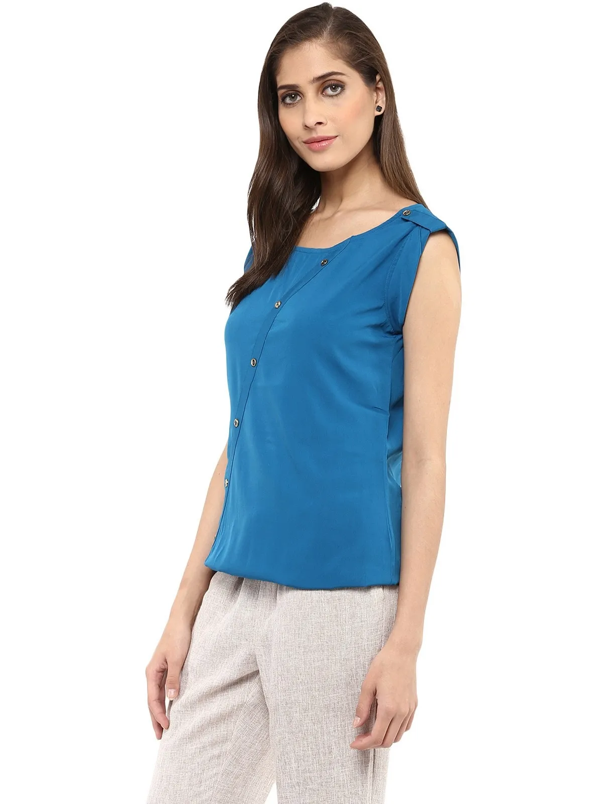 Pannkh Women's Blue Top With Fake Shoulder-Tab