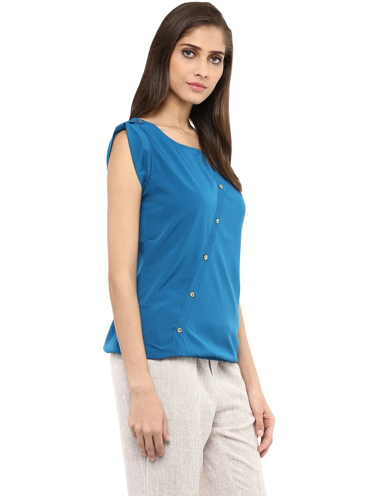 Pannkh Women's Blue Top With Fake Shoulder-Tab