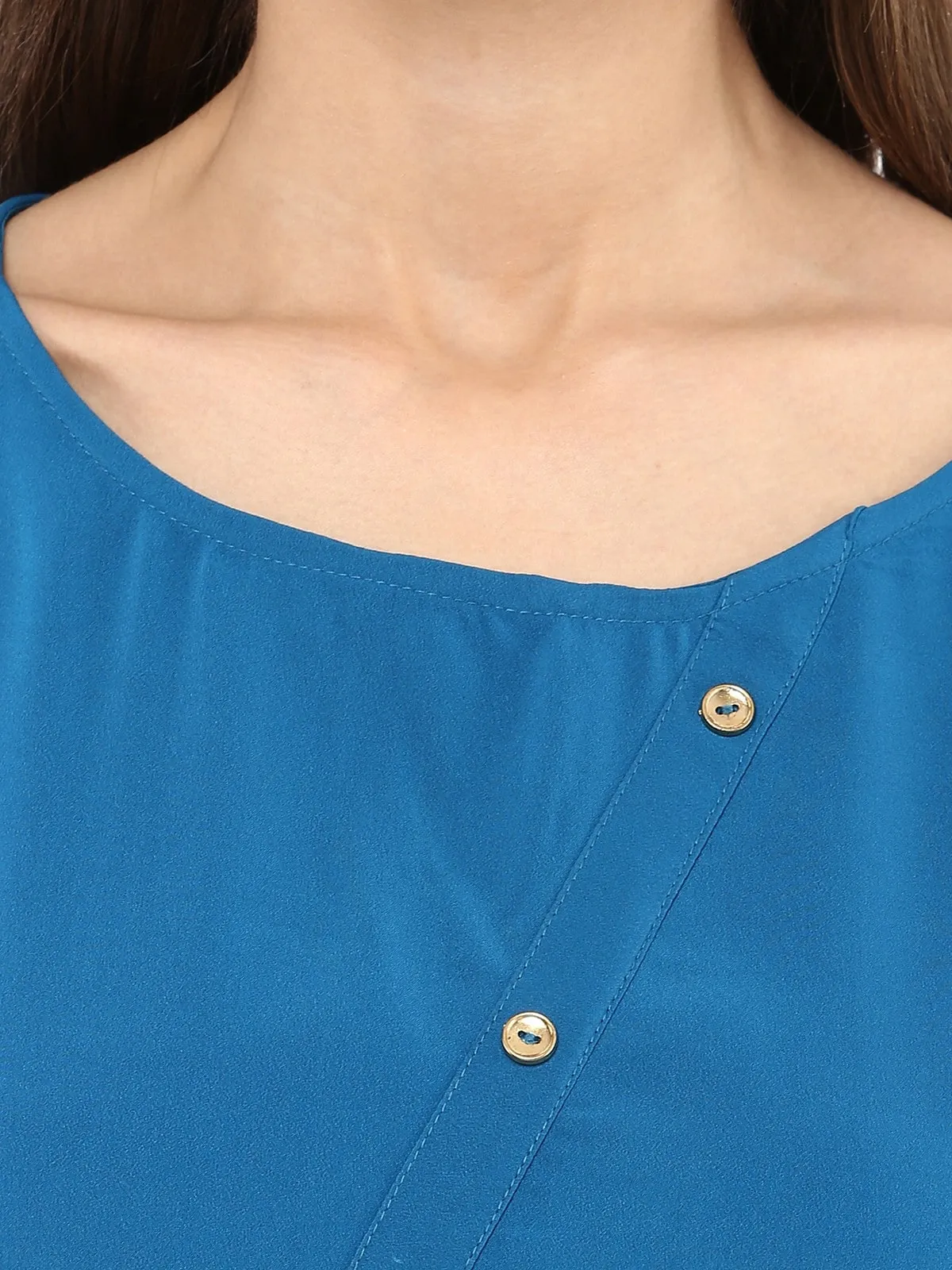 Pannkh Women's Blue Top With Fake Shoulder-Tab