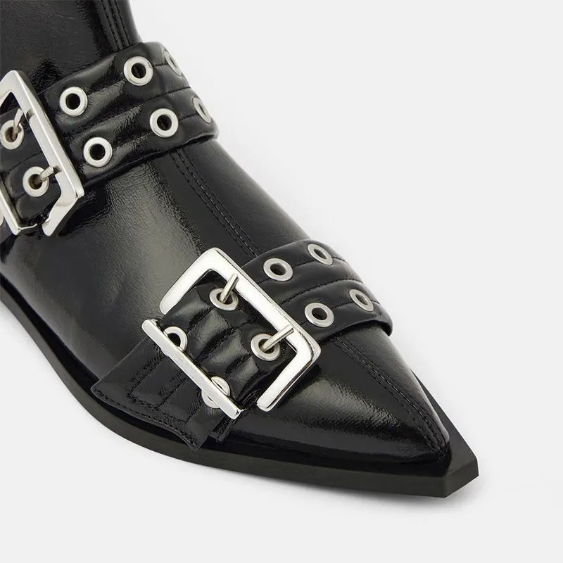 Pre Order:  Pointed Toe Thick Heel Belt Buckle Short Boots