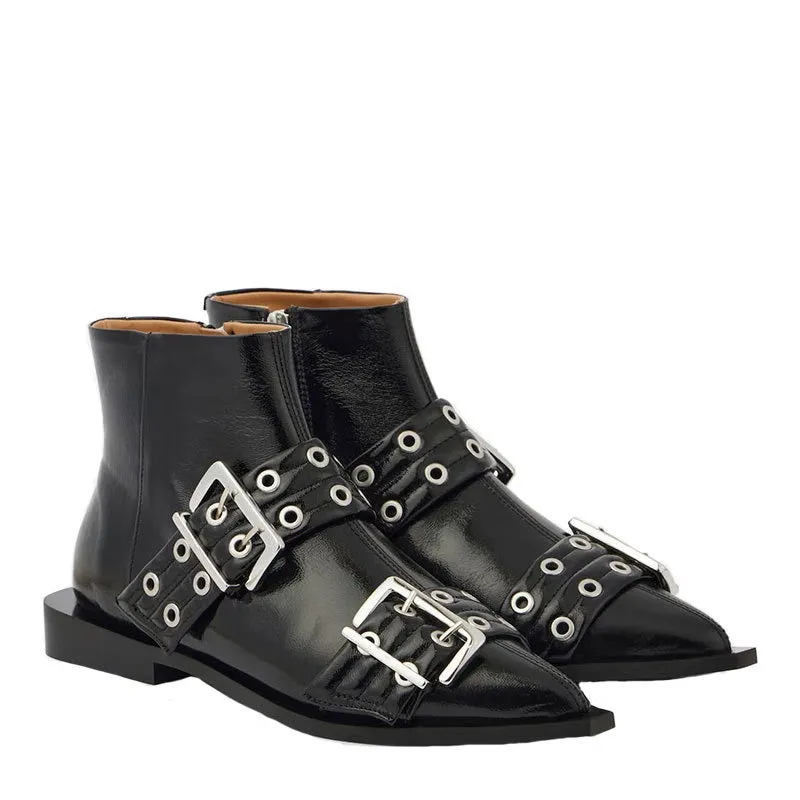 Pre Order:  Pointed Toe Thick Heel Belt Buckle Short Boots