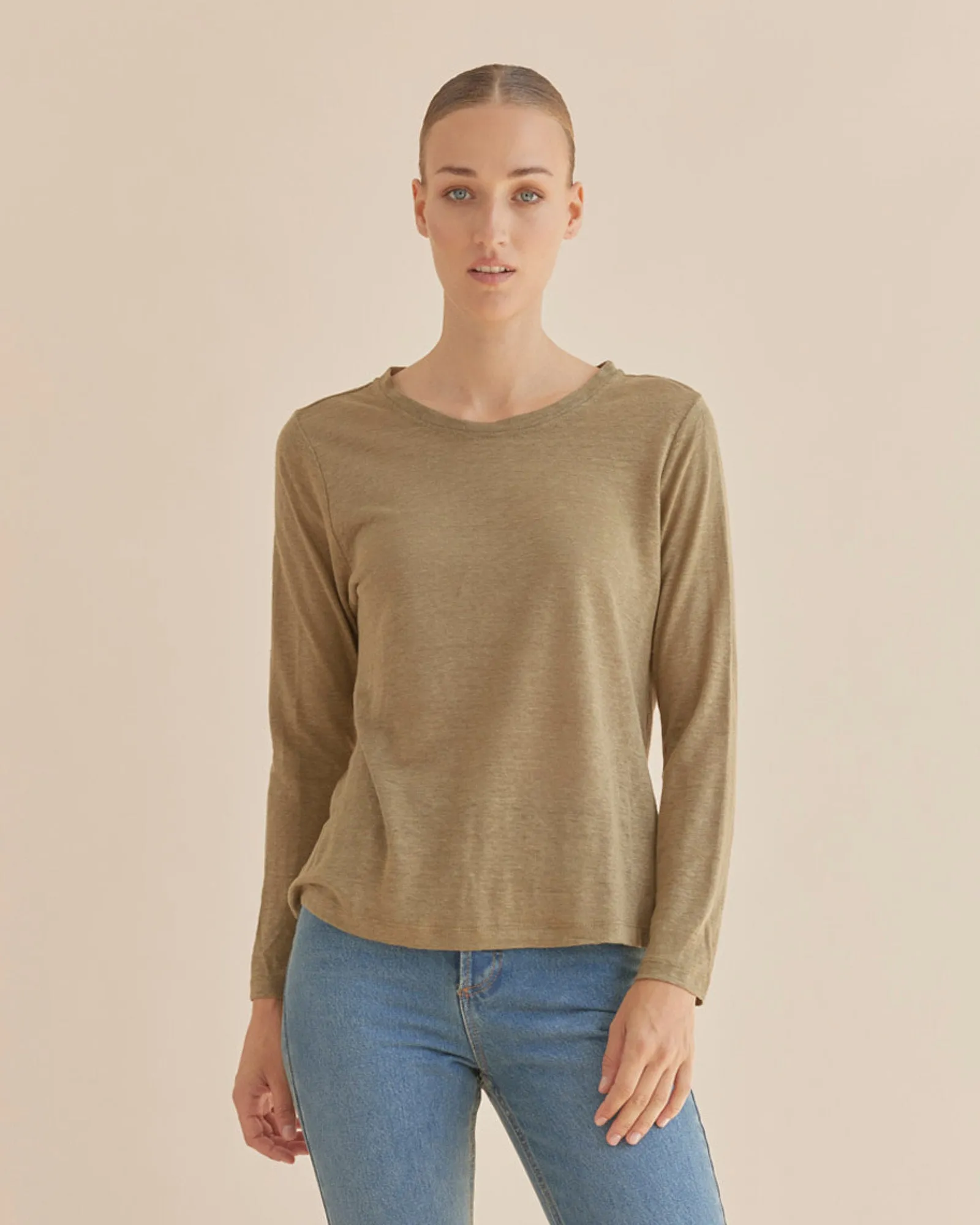 Priya Long Sleeve Linen Jersey Top - Khaki