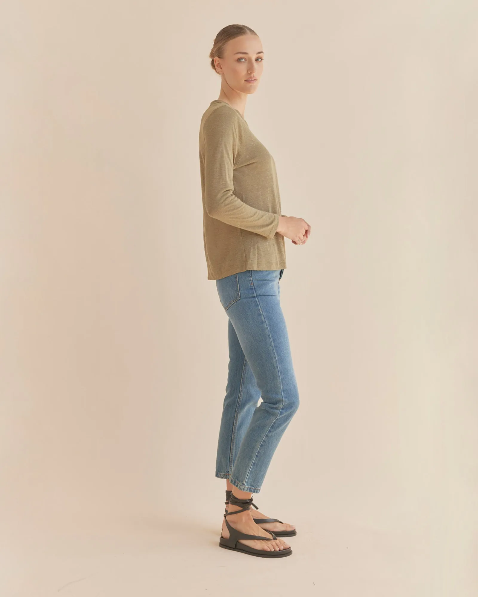 Priya Long Sleeve Linen Jersey Top - Khaki