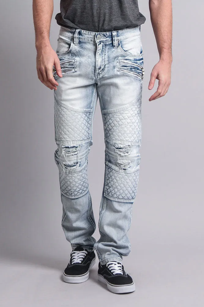 Quilted Ripped Washed Biker Jeans