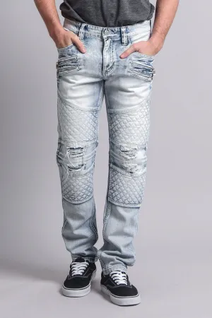 Quilted Ripped Washed Biker Jeans