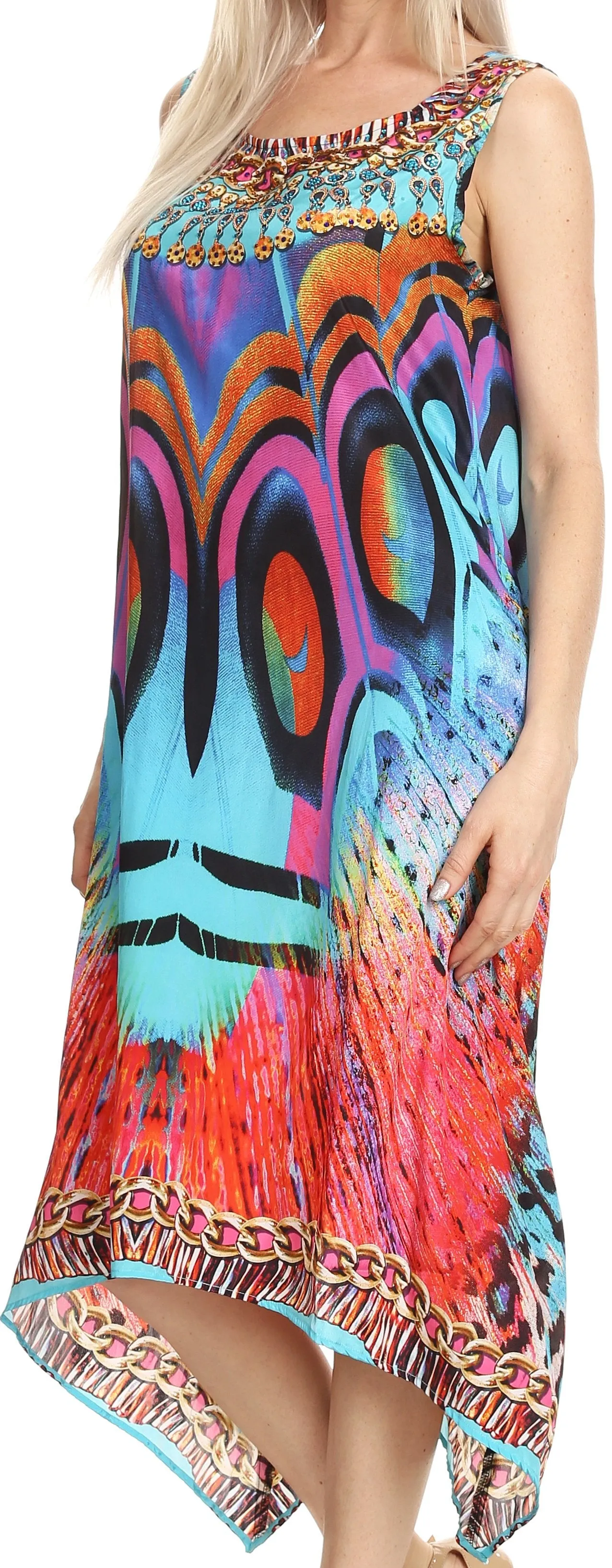 Sakkas Seneca Long Scoop Neck Printed Lightweight Beach Embellished Dress Coverup