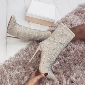 Sparkly Rhinestone Pointed Toe High Heeled Suede Ankle Boots - Beige