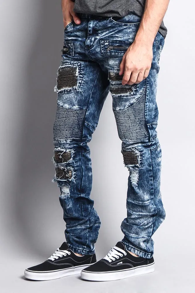 Stain Washed Contrast Patching Twill Biker Jeans