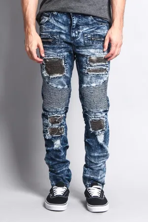 Stain Washed Contrast Patching Twill Biker Jeans