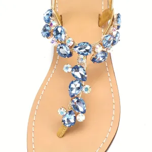 Stunning Blue Rhinestone T-Strap Flat Sandals - Sparkling Embellishments, Bohemian Chic Design, Comfortable Walking, Perfect for Wedding, Beach, Oceanside, Outdoor Summer Events