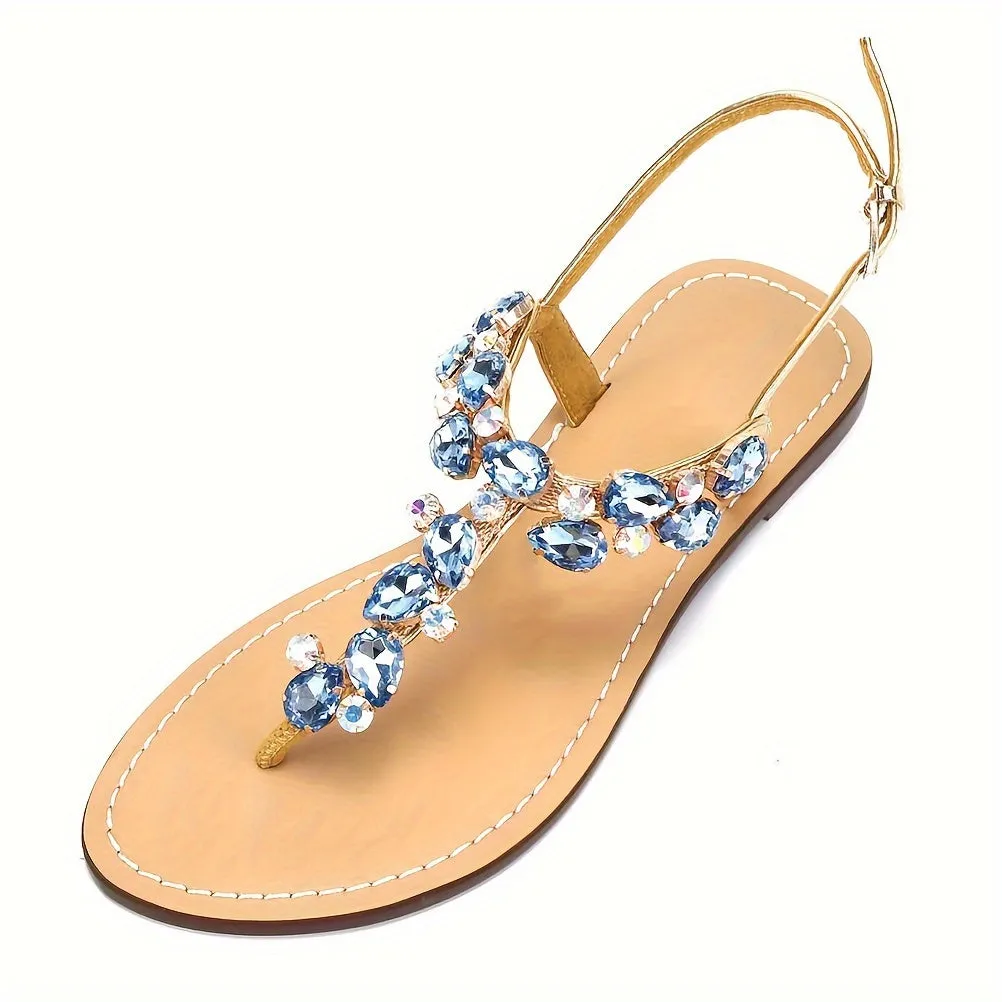 Stunning Blue Rhinestone T-Strap Flat Sandals - Sparkling Embellishments, Bohemian Chic Design, Comfortable Walking, Perfect for Wedding, Beach, Oceanside, Outdoor Summer Events