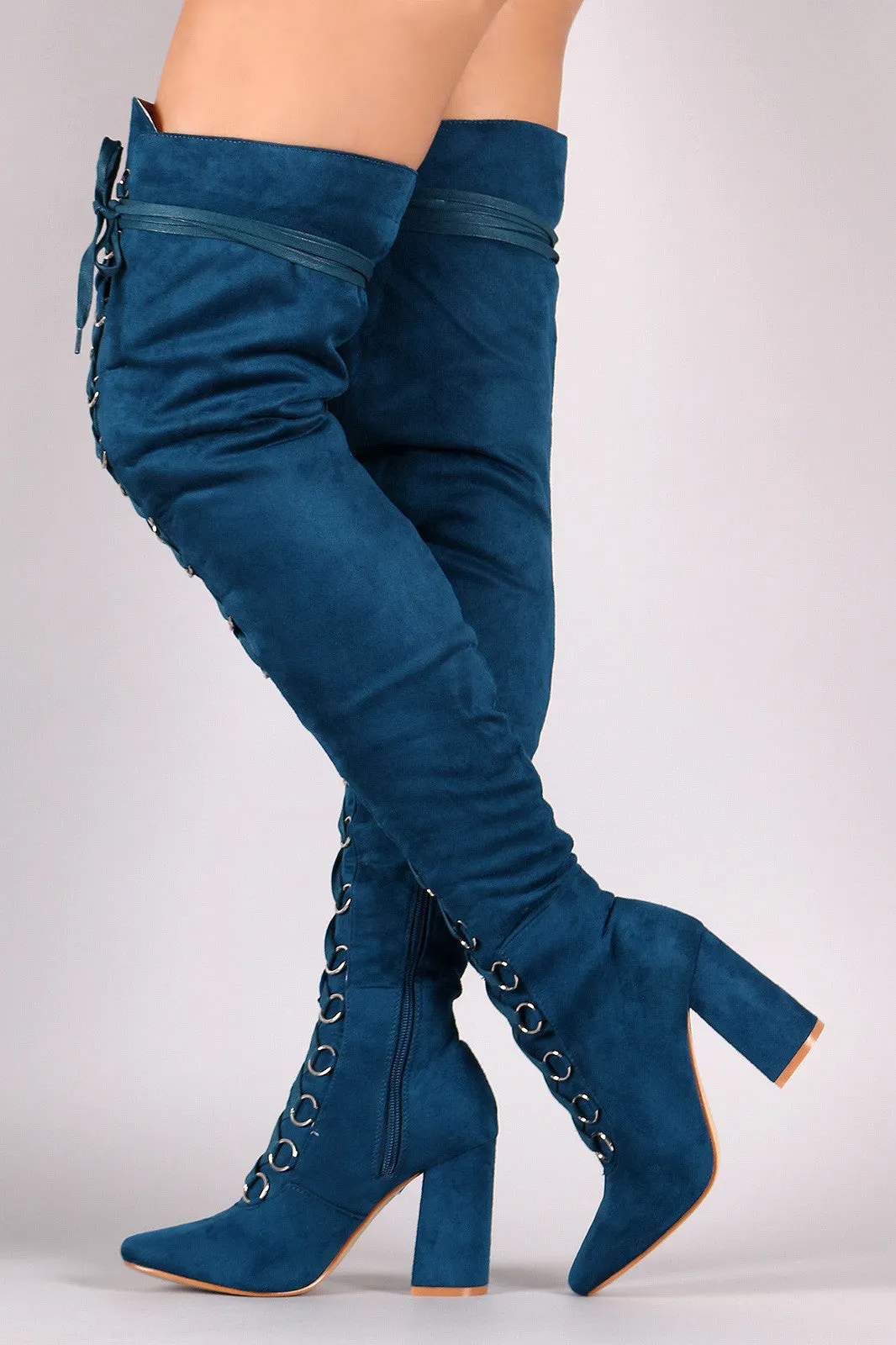 Suede Over The Knee Corset Lace Up Chunky Heel Boots