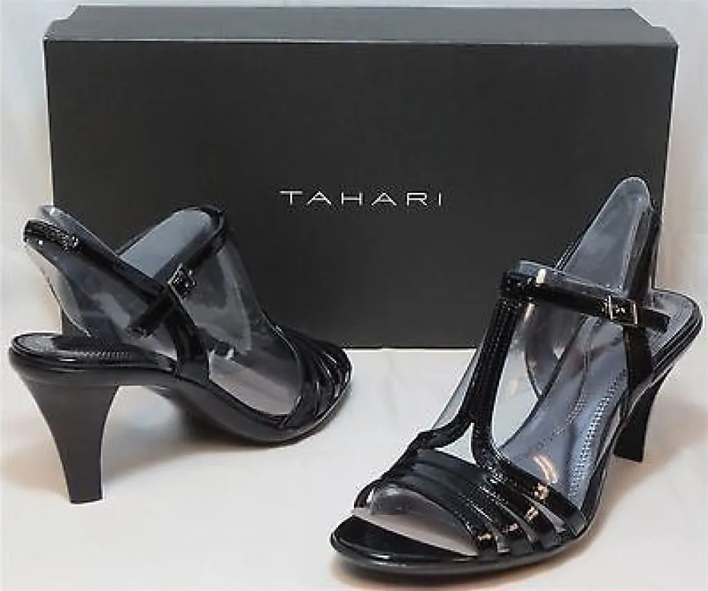 TAHARI Women's Barcelona Mid Heel Sandal - Black Patent - Multi SZ NIB - MSP $99