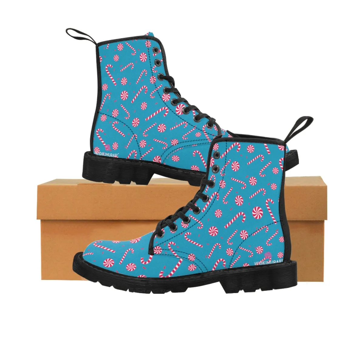 Turquoise Christmas Women's Canvas Boots, Red Candy Cane Print Winter Boots For Women