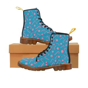 Turquoise Christmas Women's Canvas Boots, Red Candy Cane Print Winter Boots For Women