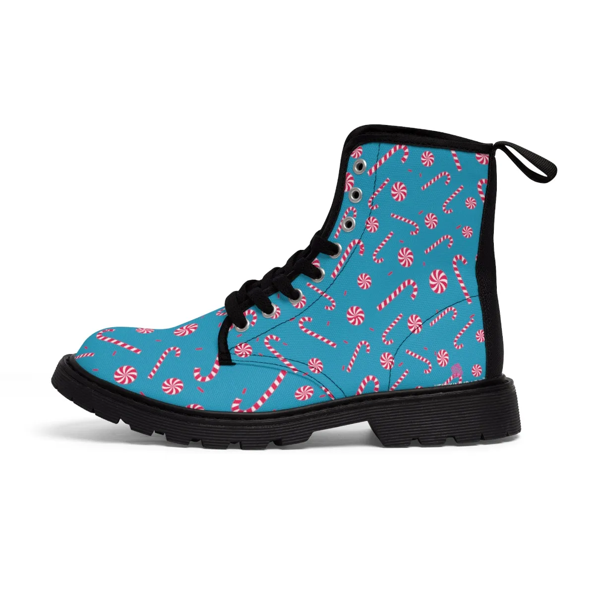 Turquoise Christmas Women's Canvas Boots, Red Candy Cane Print Winter Boots For Women