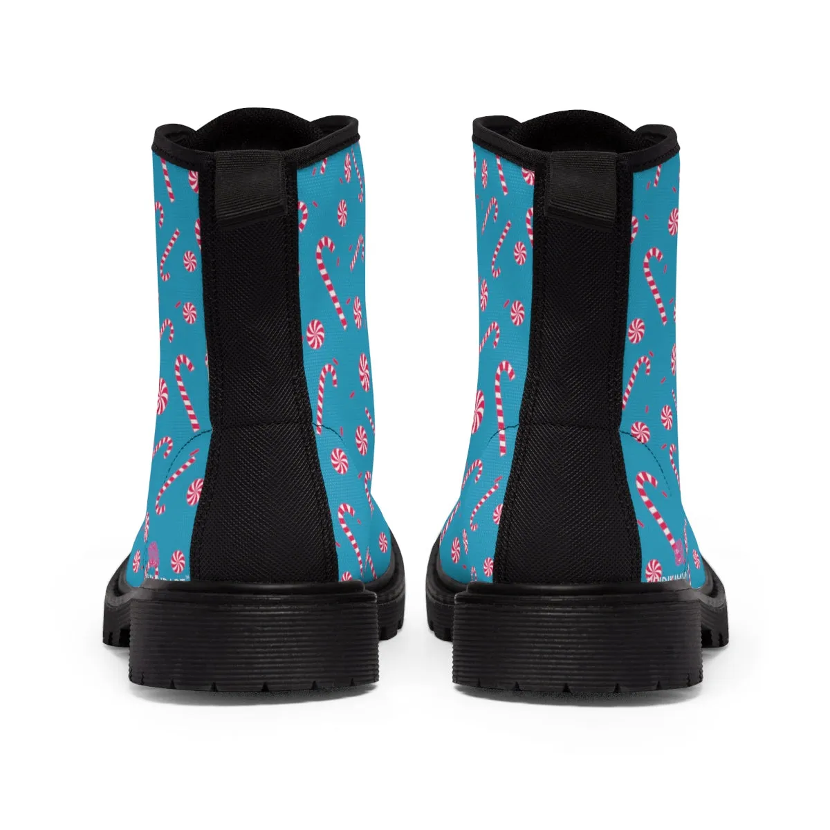 Turquoise Christmas Women's Canvas Boots, Red Candy Cane Print Winter Boots For Women