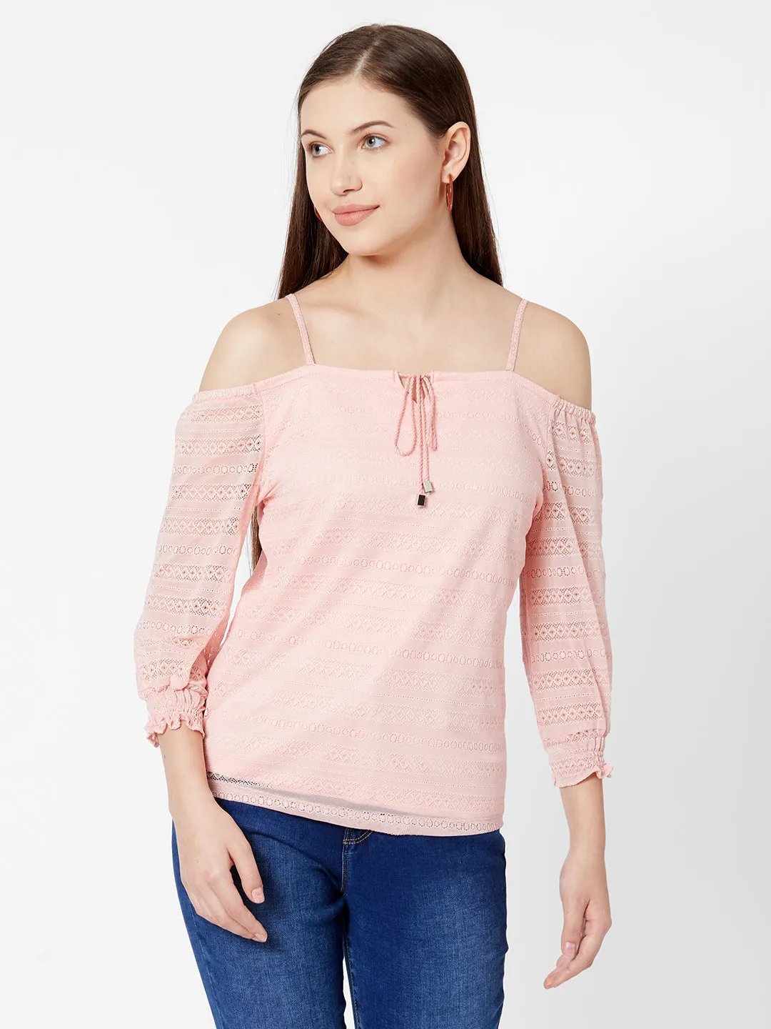 Women Cold-Shoulder Lace Tie-Up Neckline Top