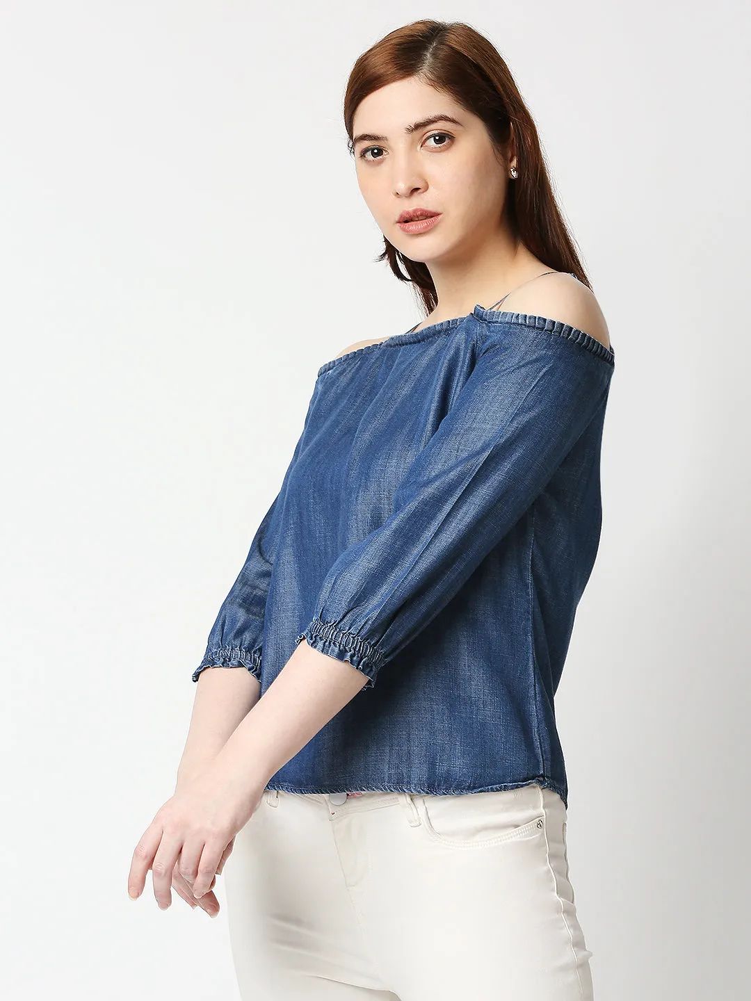 Women Off-Shoulder With Straps Denim Top