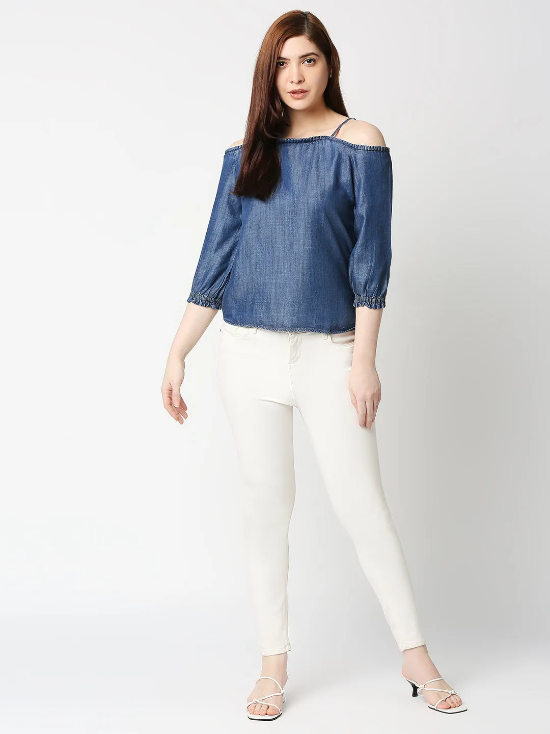 Women Off-Shoulder With Straps Denim Top