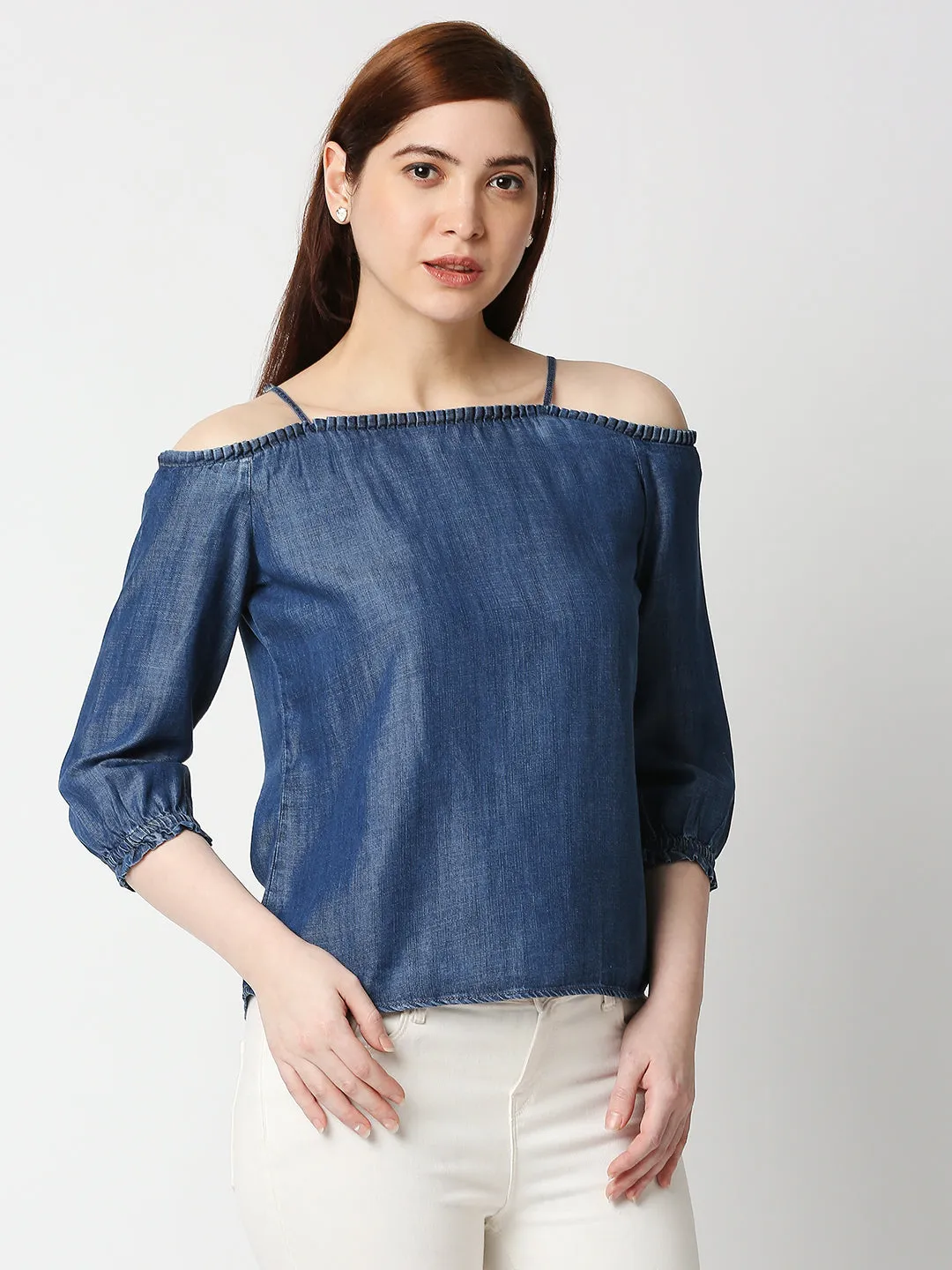 Women Off-Shoulder With Straps Denim Top