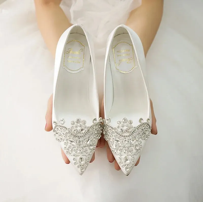 Women Wedding Shoes Point Toe Rhinestone Buckle Stilettos Ladies Banquet Women Pump Spring Autumn 7cm-9cm Satin High Heel Pumps