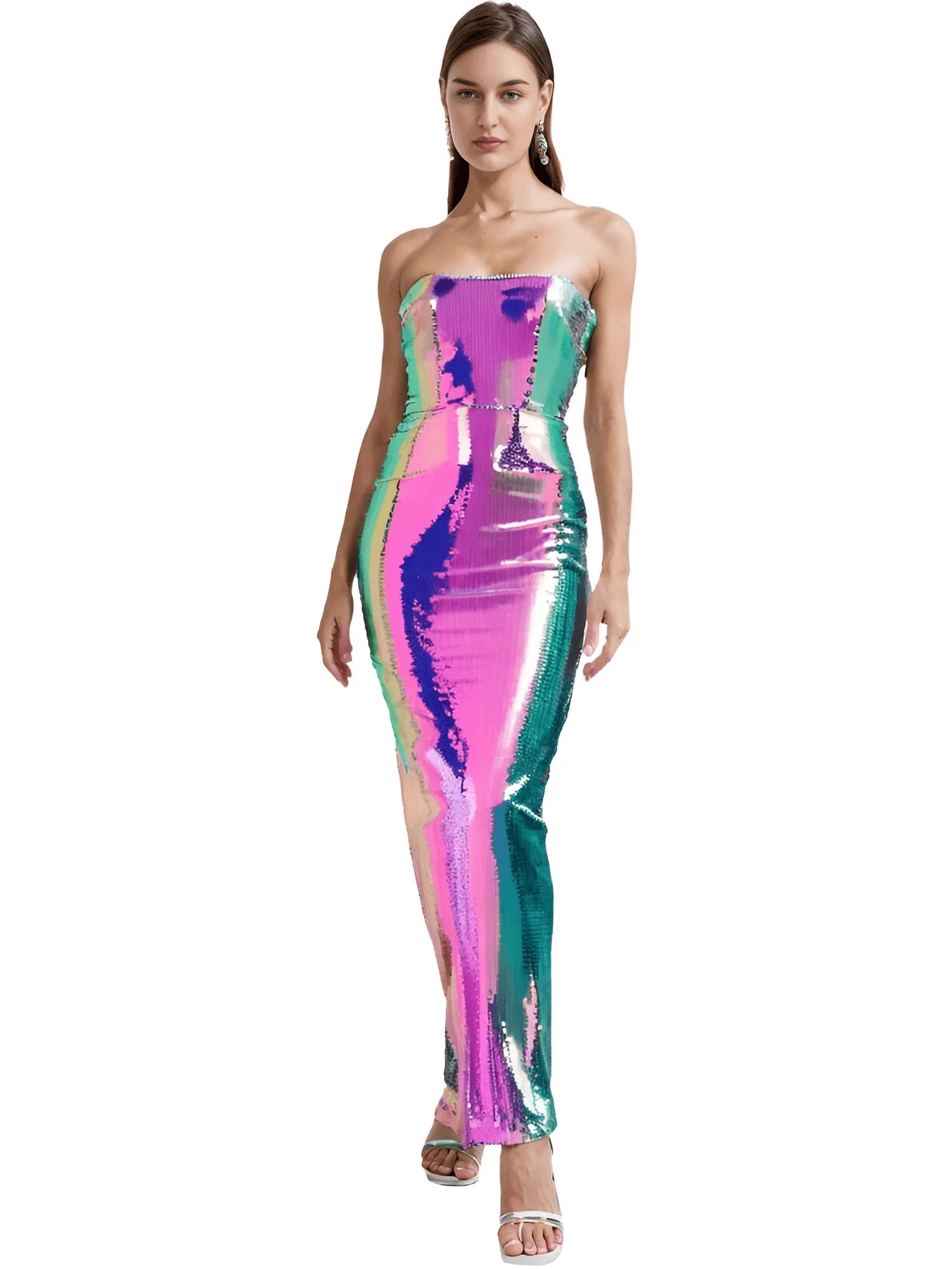 Women's Strapless High Slit Colorful Sequins Custom Evening Party Dress