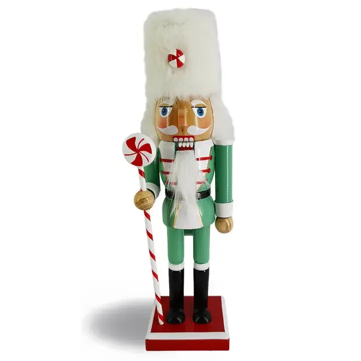 Wooden Cany Cane Green Peppermint Nutcracker Holding Cany Cane Staff