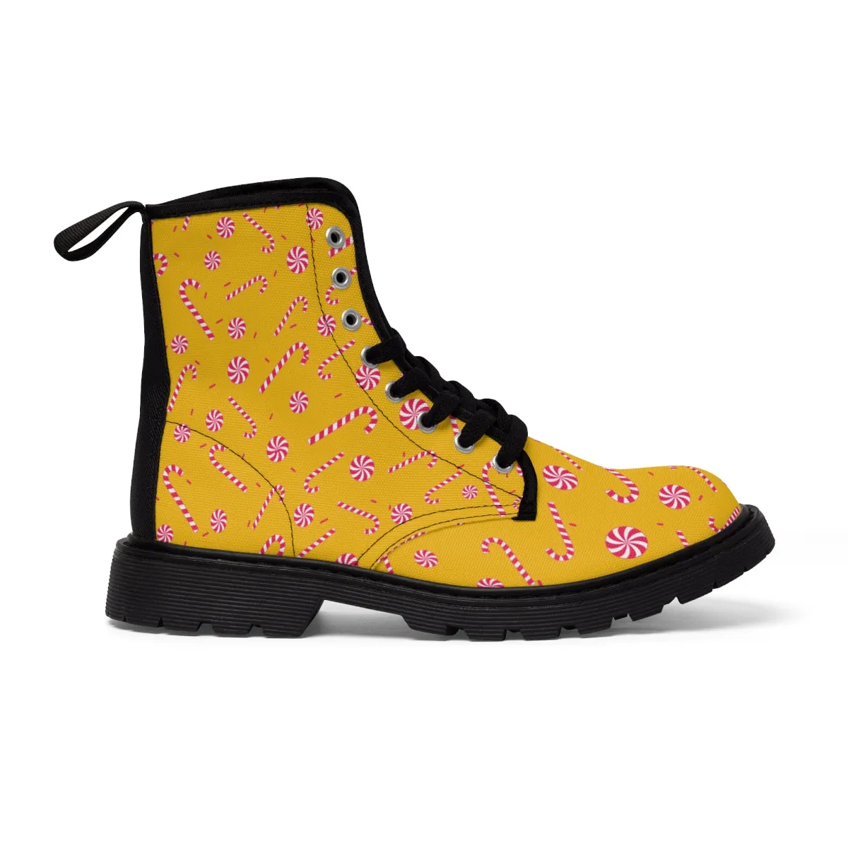 Yellow Christmas Women's Canvas Boots, Red Candy Cane Print Winter Boots For Women