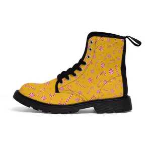 Yellow Christmas Women's Canvas Boots, Red Candy Cane Print Winter Boots For Women